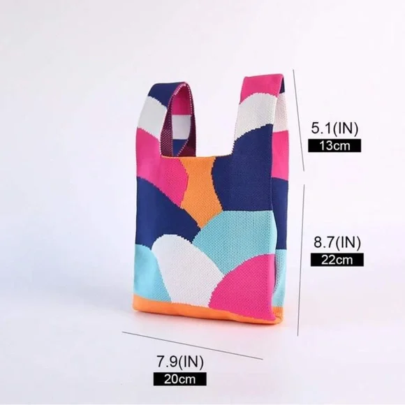 Knitted Blue and Pink Geometric Bag with Knot Design - Picture 3 of 3